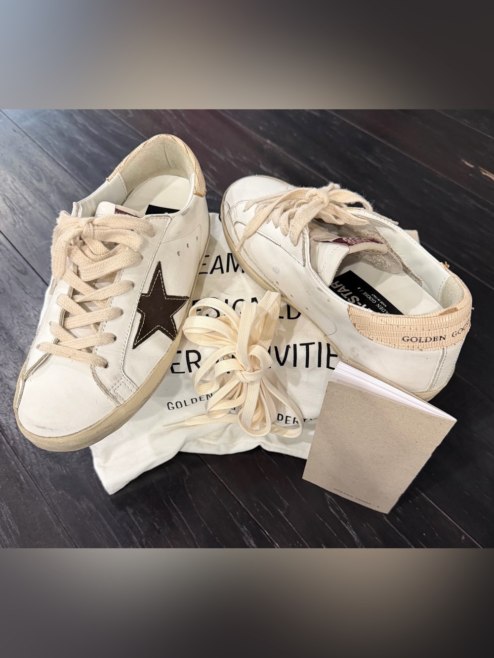 Golden Goose White Leather Sneakers with green Star Accent